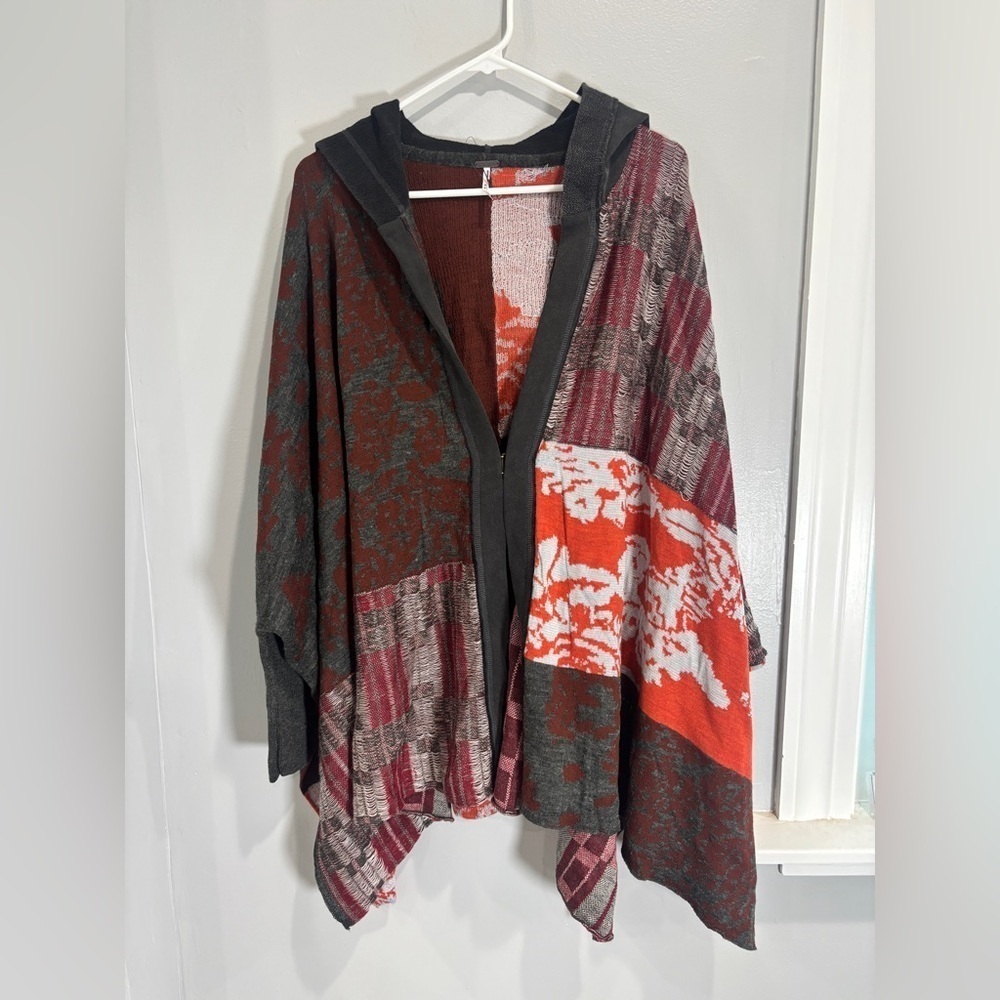 Free People Autumn Patchwork Poncho Cardigan Hood Dolman Sleeve Gray Orange M/L - Picture 11 of 11